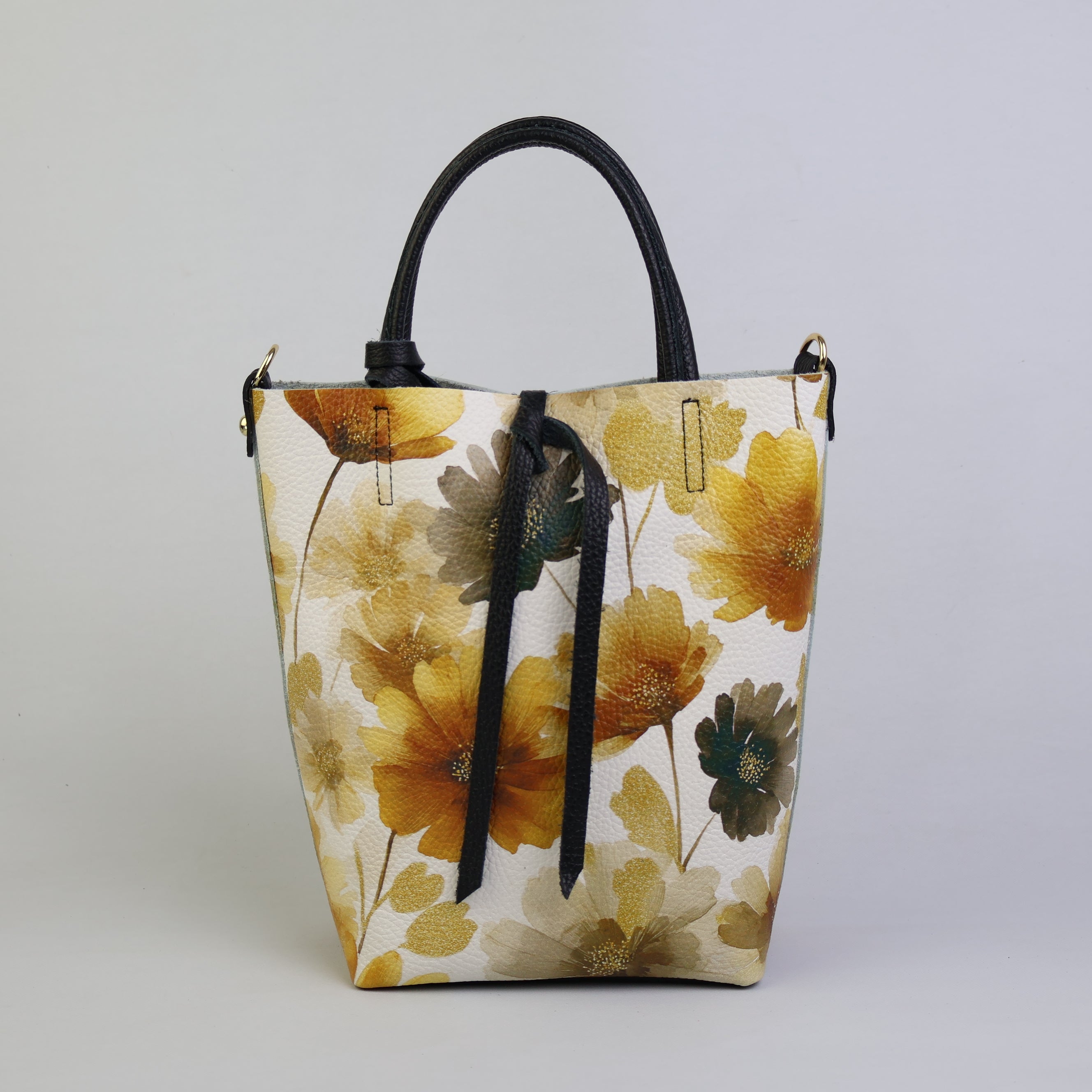 Borsa tote donna in vera pelle Made in Italy con stampa floreale gialla e manici neri